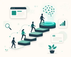 Illustration of AI transforming SEO career growth, showing search analysis flowing into an AI network